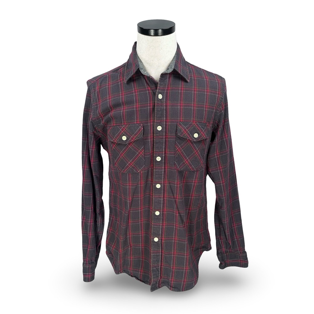 J.Crew Mens Heavyweight Flannel Shirt Medium Charcoal Red Plaid Cotton Button Up